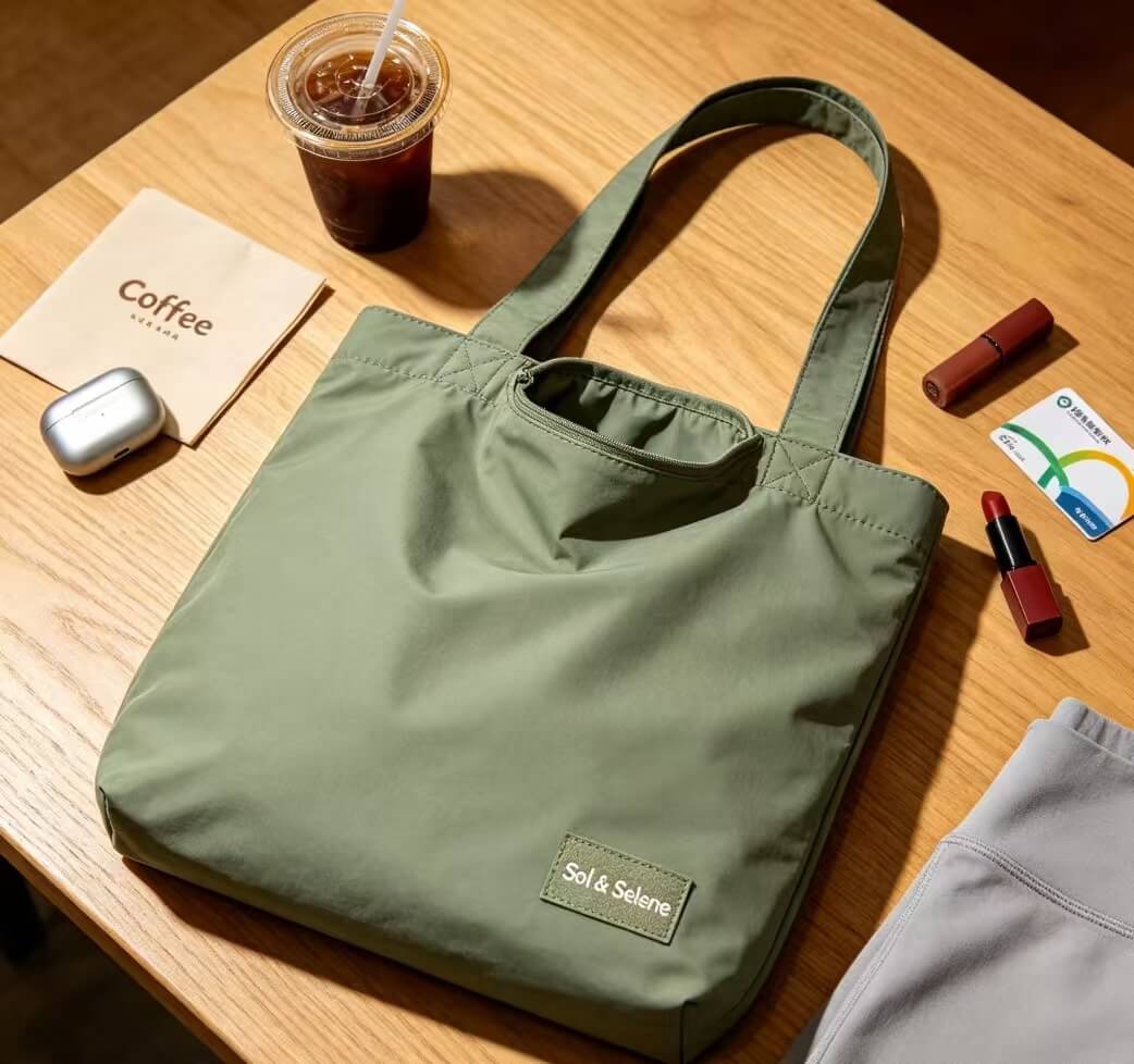 Sage nylon tote every day carry flat lay with work and gym essentials
