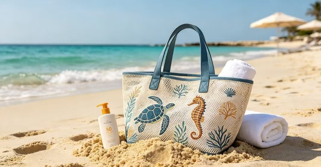 mesh beach bag with sea animal embroidery on resort beach