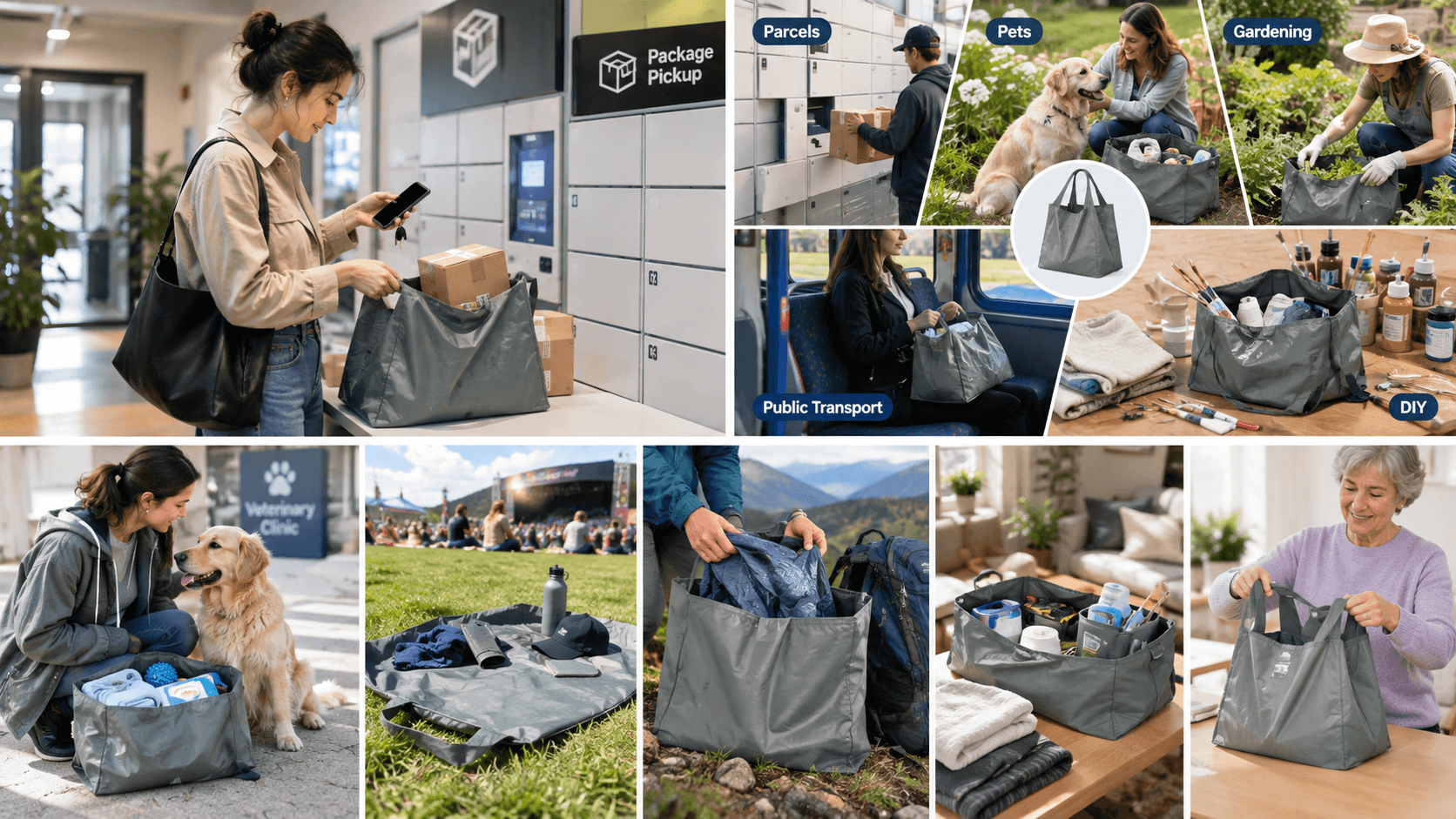 A foldable bag handles everyday tasks from parcel pickup and pet care to gardening, commuting, and home organization.