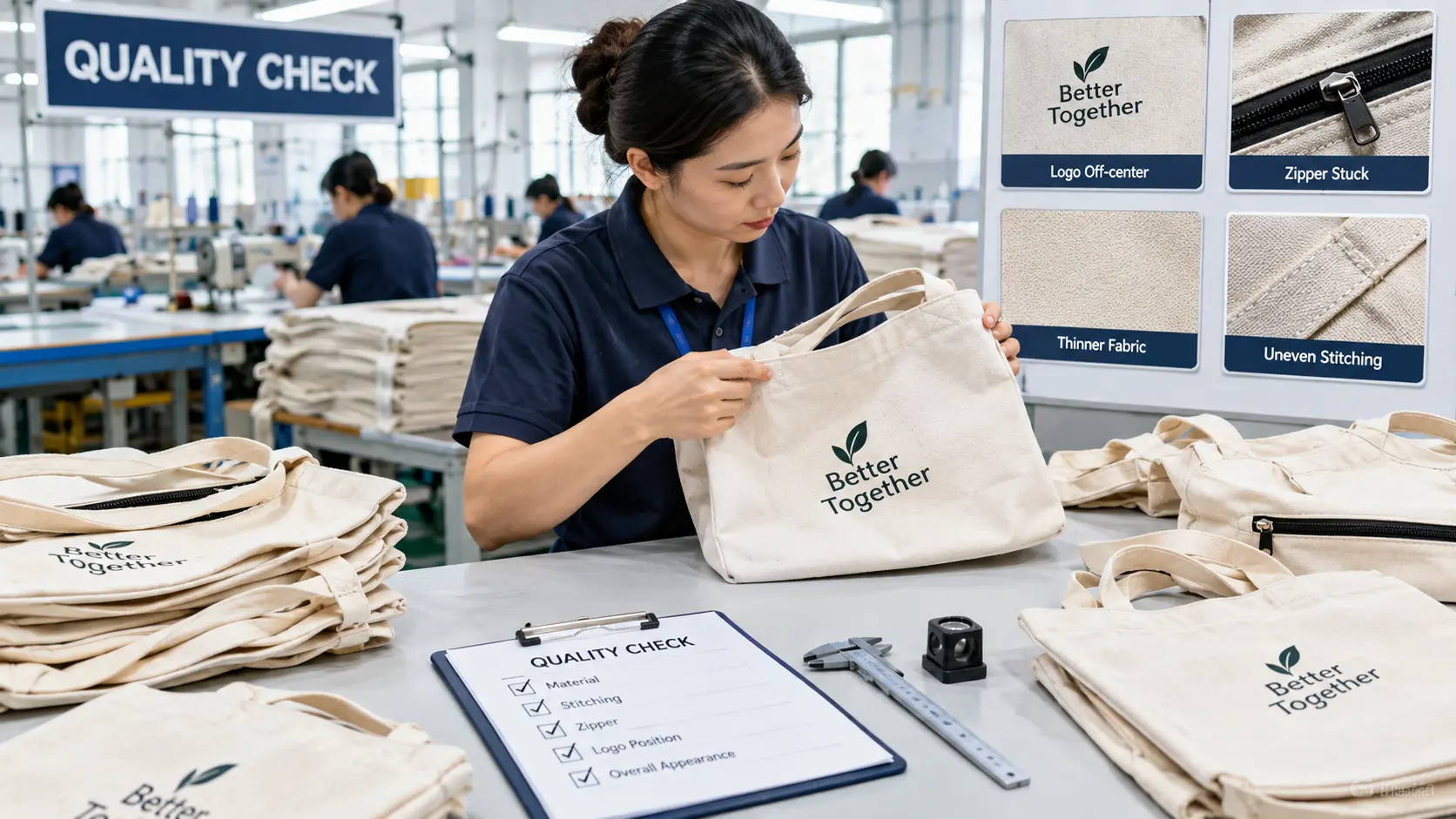 工場労働者が特注のキャンバスバッグの品質チェックを行っている。