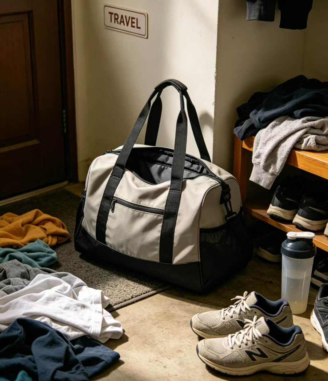 Prep scene for bag wash, dirty travel duffel at home hallway