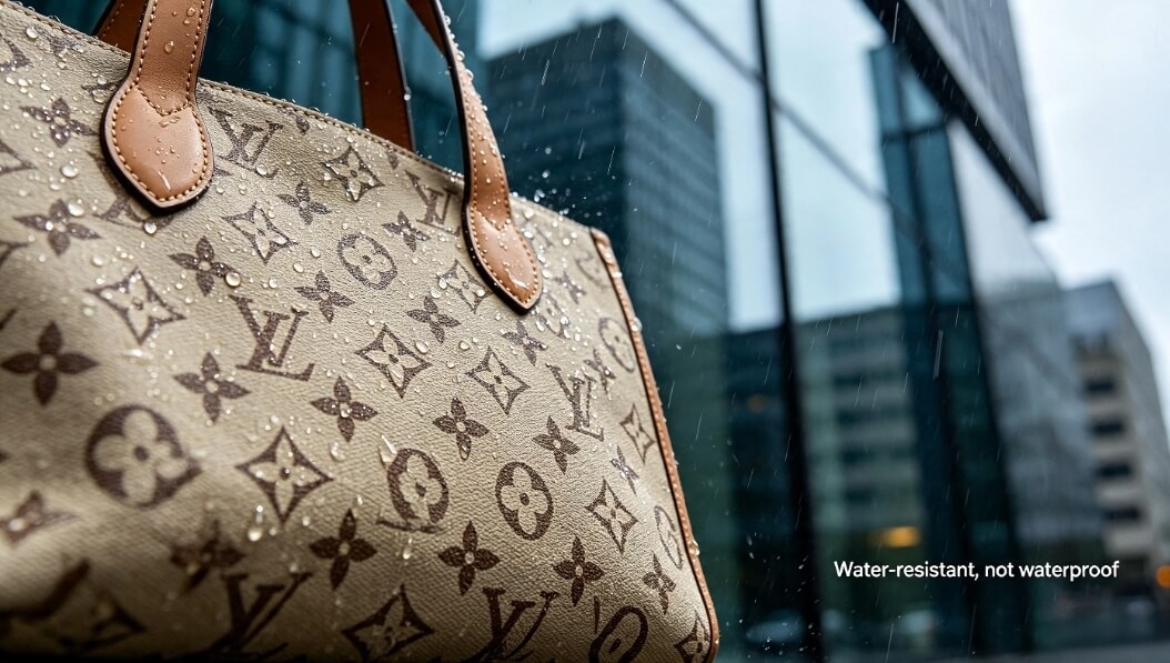 coated canvas tote bag, rain test showing coated canvas is water-resistant not waterproof