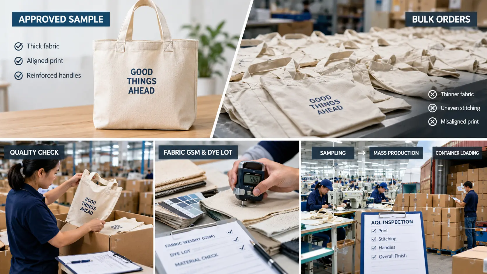 bulk orders of canvas bags being inspected side by side with an approved sample for fabric, stitching, print alignment, and overall quality.