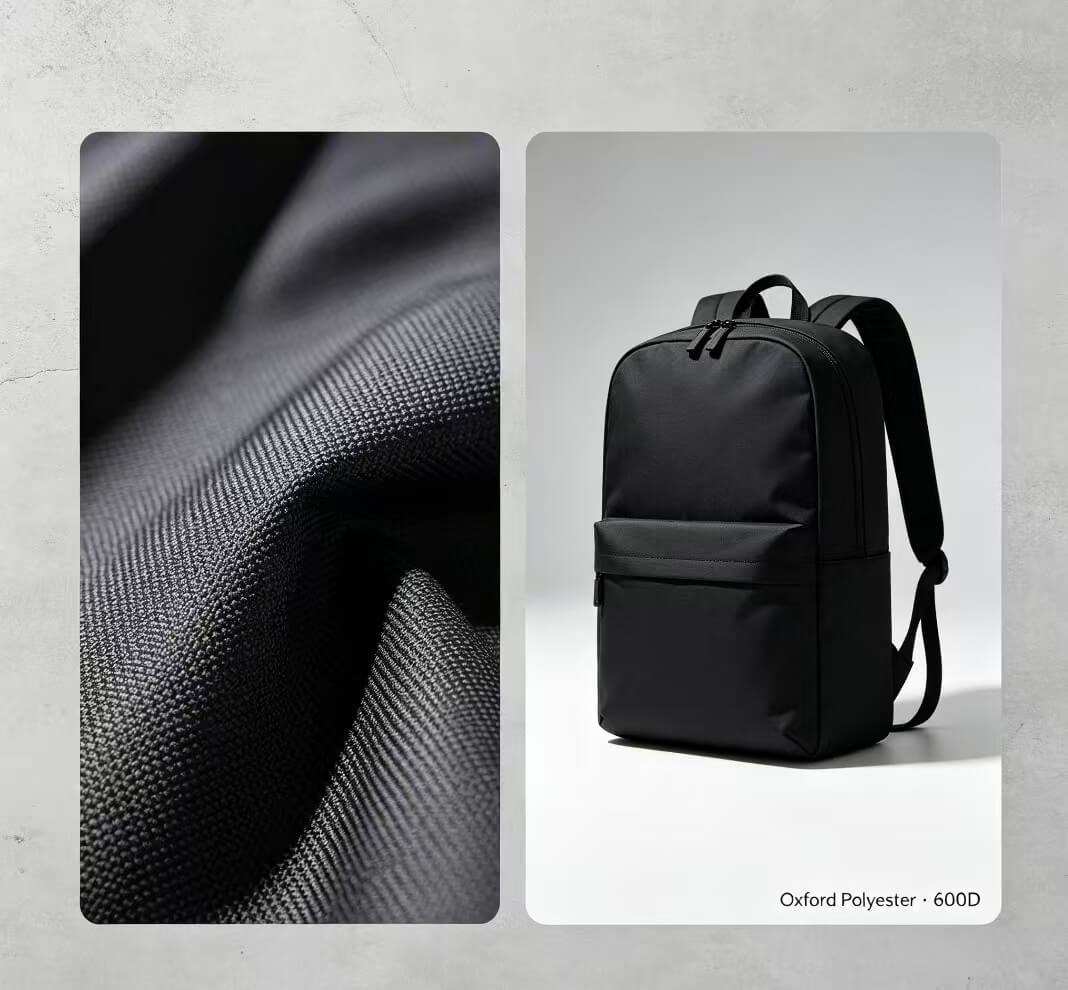 600D oxford polyester fabric close-up and black oxford polyester backpack, B2B bag material reference photo
