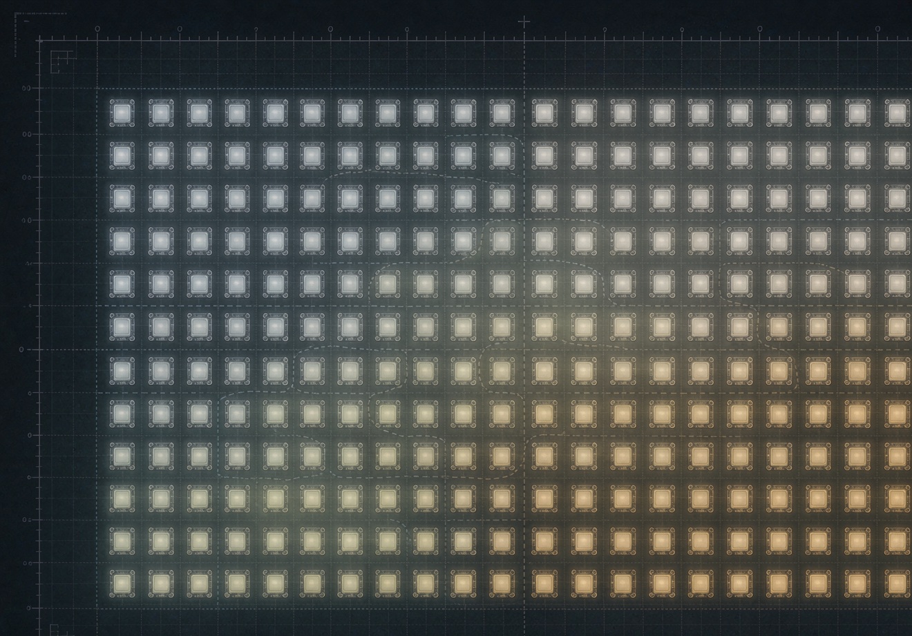 Grid diagram of LED chips grouped into zones of gradually shifting white shades representing a binning map