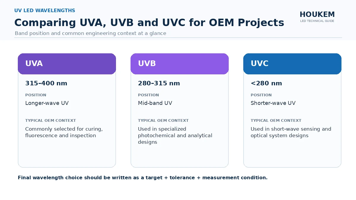 Comparison of UVA, UVB and UVC bands by wavelength position and typical OEM role