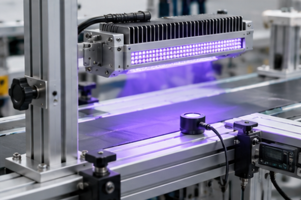 Industrial UV curing station with an adjustable head and a sensor at the substrate plane
