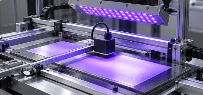 Sensor stepped across an illuminated UV curing area with irradiance recorded at each position
