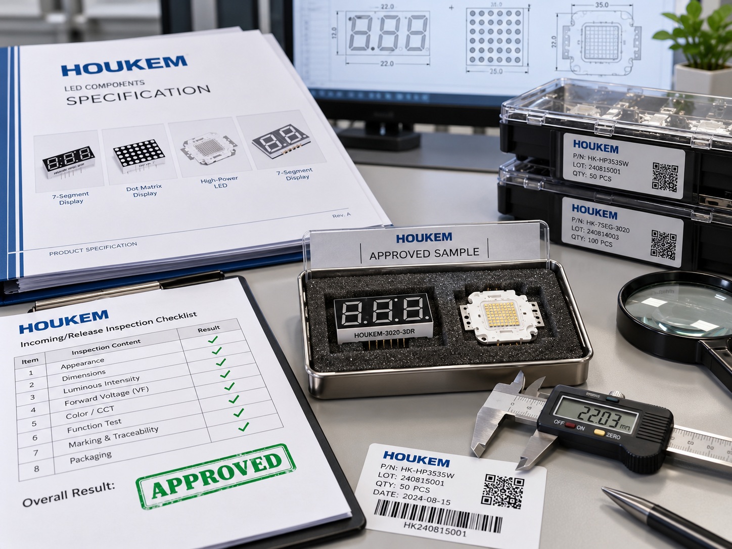 Buyer reviewing LED specification and inspection records before approval