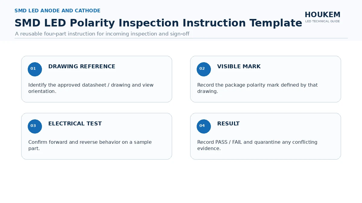 Template for an SMD LED polarity inspection instruction with drawing reference and pass or fail result