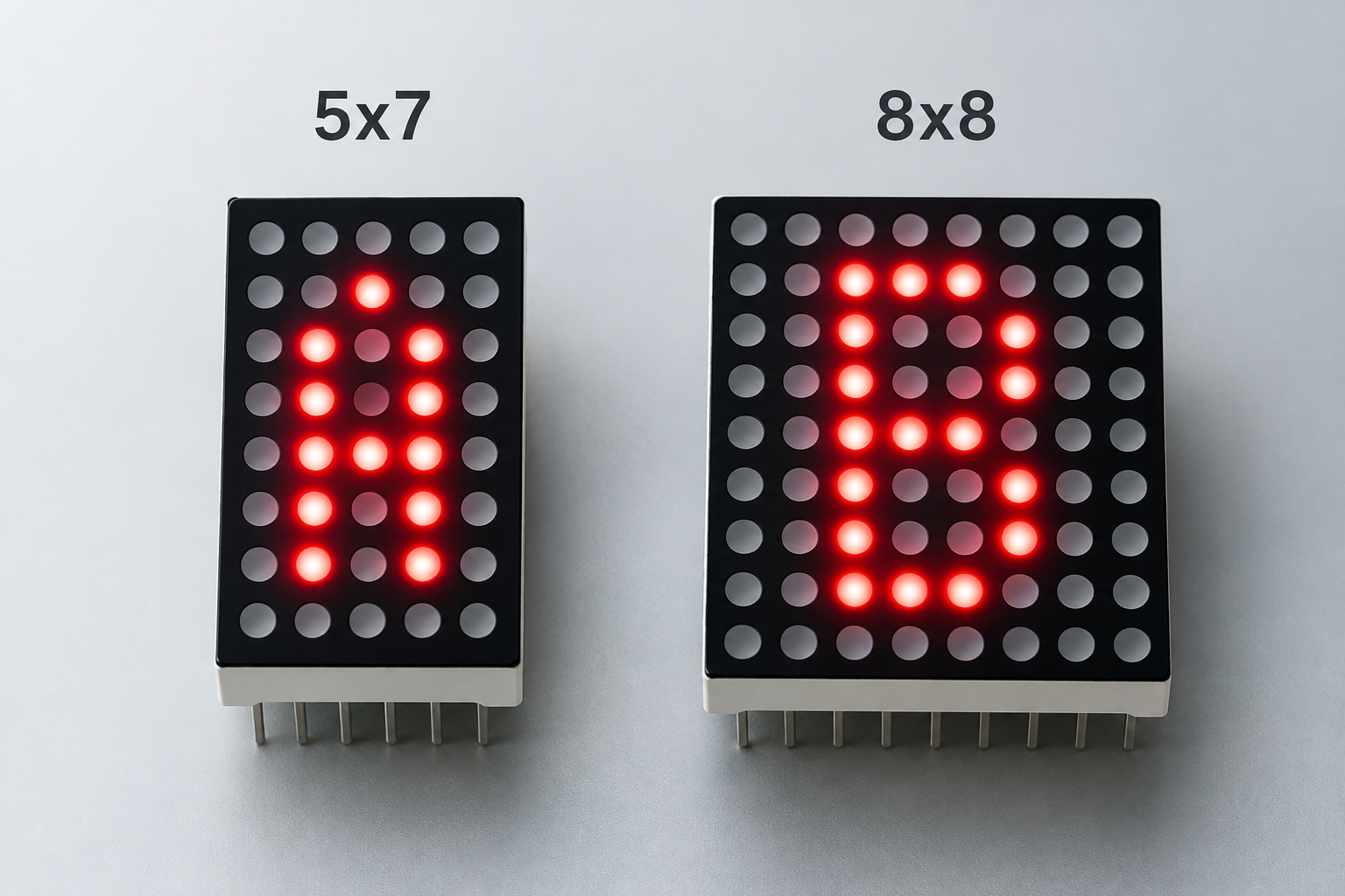 Conceptual comparison of a narrower and a denser dot matrix grid pattern with red dots forming character shapes among grey unlit dots.