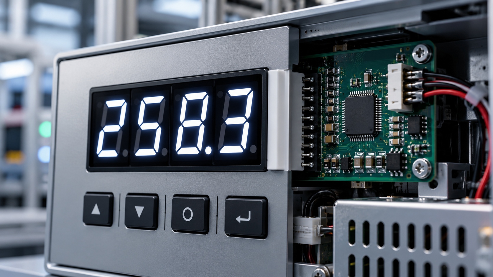Illustrative industrial panel with a multi-digit 7 segment display and driver board section