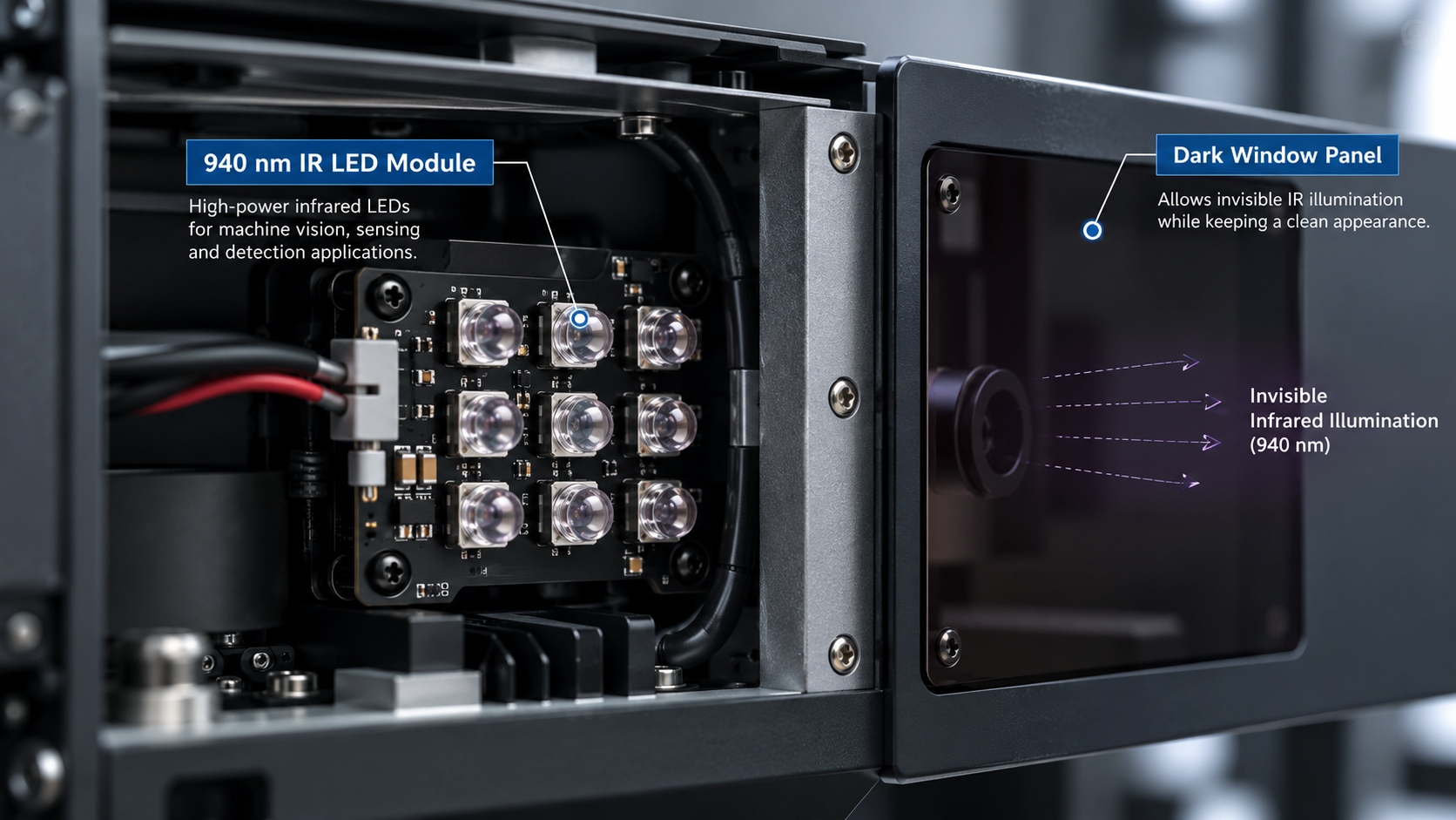 Illustrative equipment interior with an infrared illuminator board behind a dark window panel