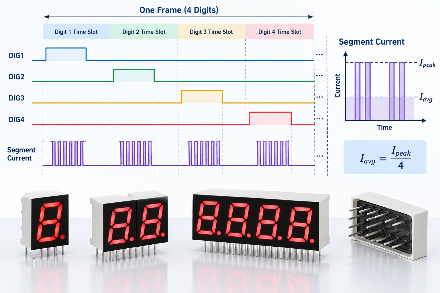 Multiplex timing diagram showing digit slots, peak segment current and average current