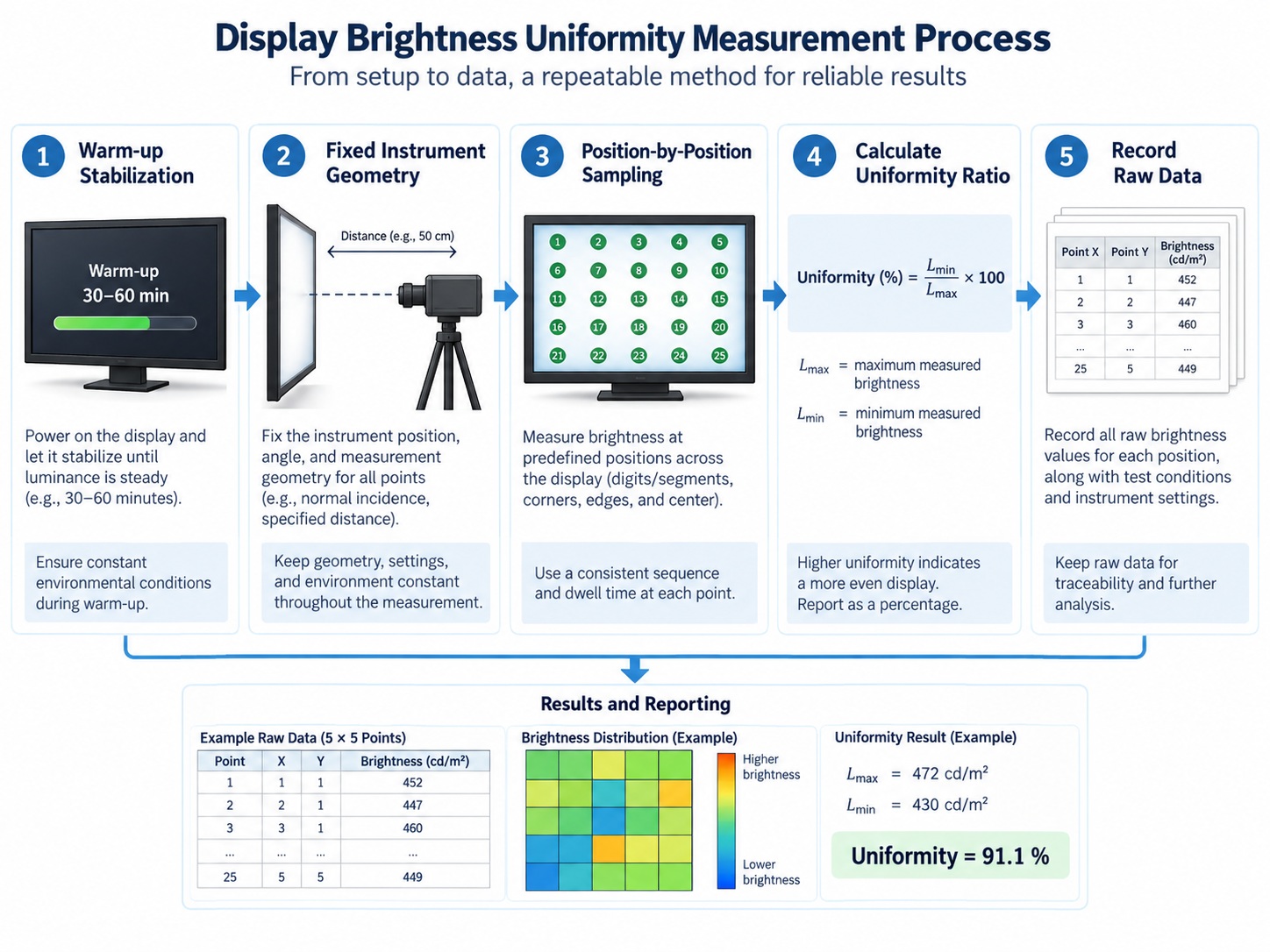 Flow diagram of a display brightness uniformity measurement procedure covering warm-up, fixed geometry, position sampling, ratio calculation and recording raw data