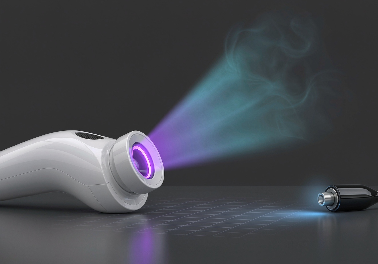 Conceptual illustration of a UV LED source casting a violet beam onto a gridded surface beside a small sensor probe