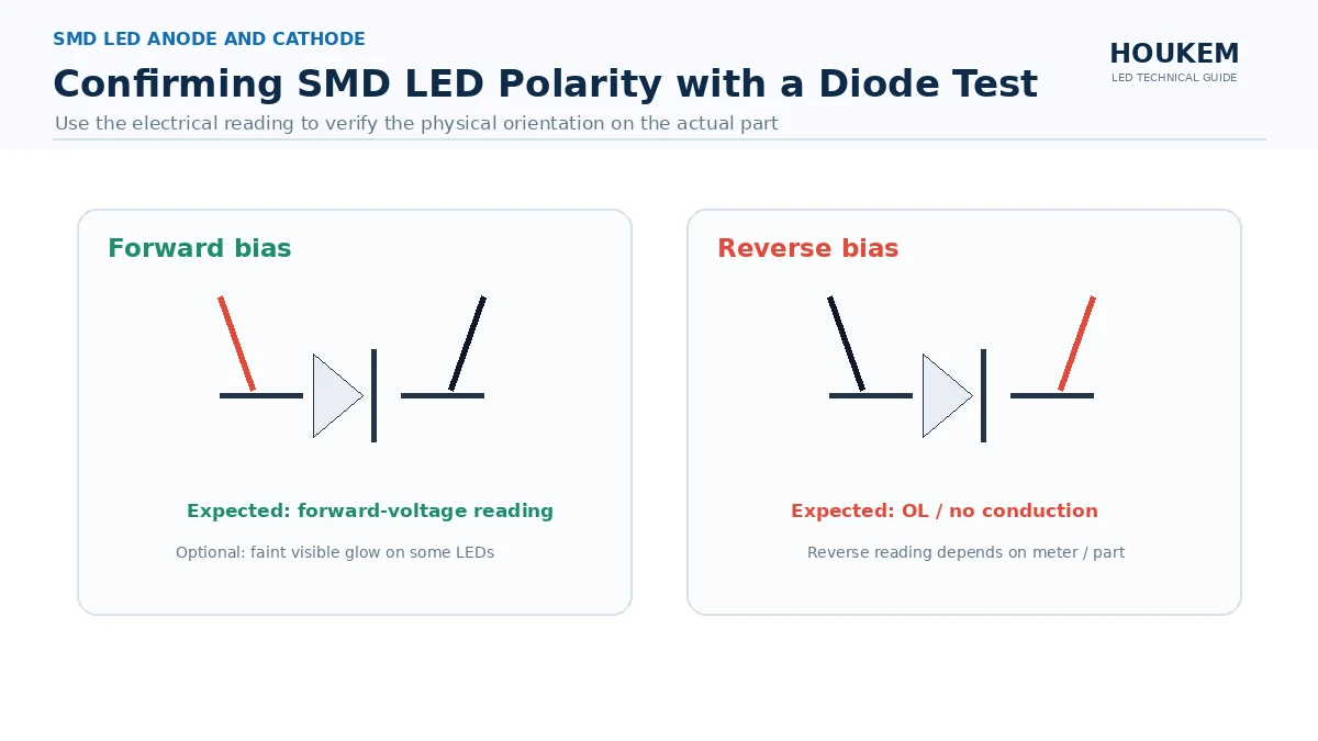 Diode test sequence showing forward-biased and reverse-biased readings on an SMD LED