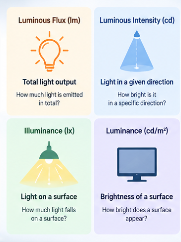Reference card listing luminous flux in lumens, luminous intensity in candela, illuminance in lux and luminance in candela per square metre with the question each unit answers