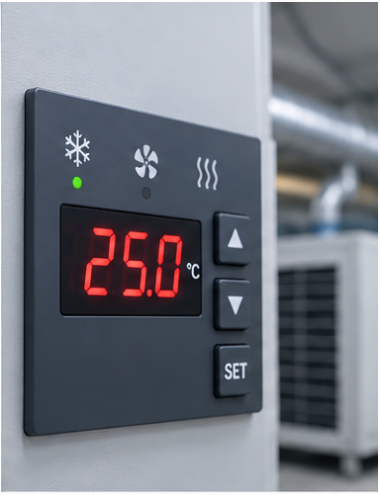 Industrial control panel with a multi-digit numeric LED readout photographed from the normal operator viewing position