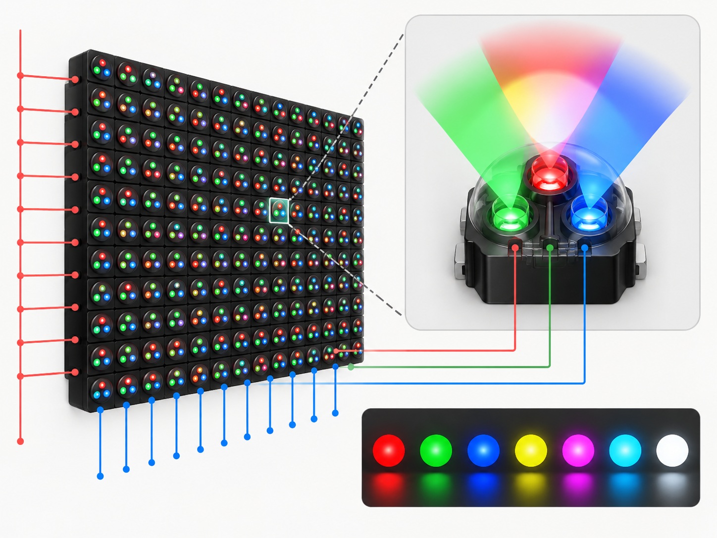 Conceptual diagram of red, green and blue light beams converging onto the centre dot of a dot grid with overlapping colour-mixing circles.