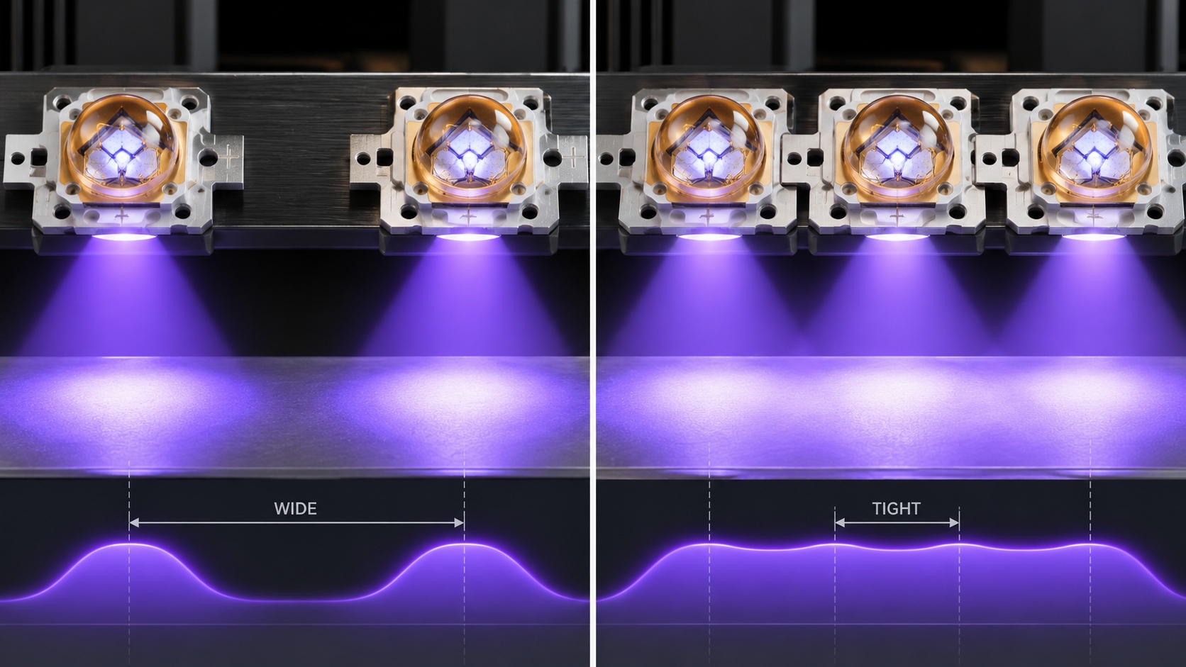 Comparison of wide versus tight emitter pitch and the resulting uniformity