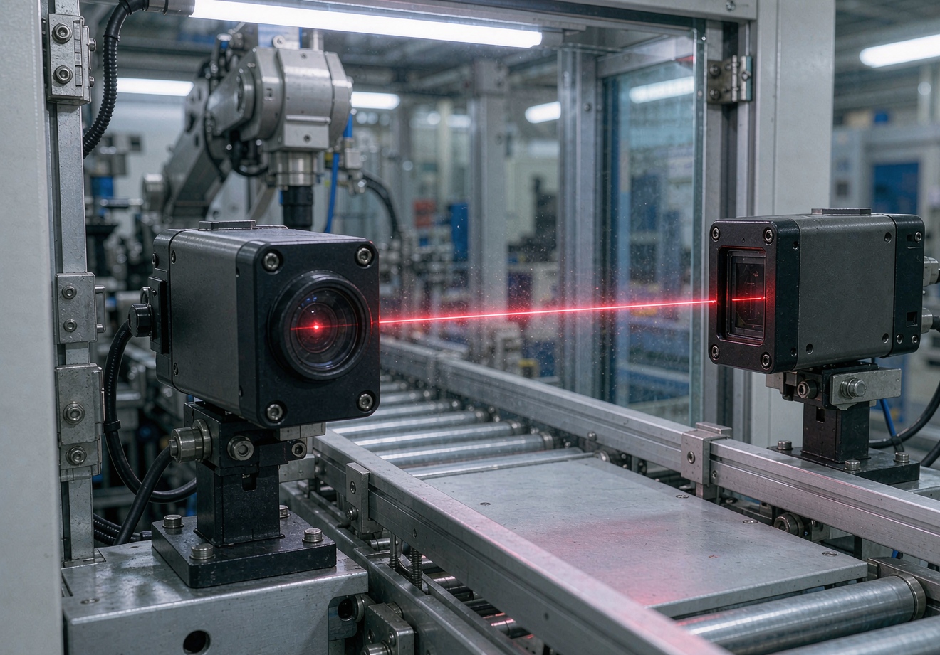 Industrial infrared beam-break sensing pair with a visible red beam crossing a factory conveyor path