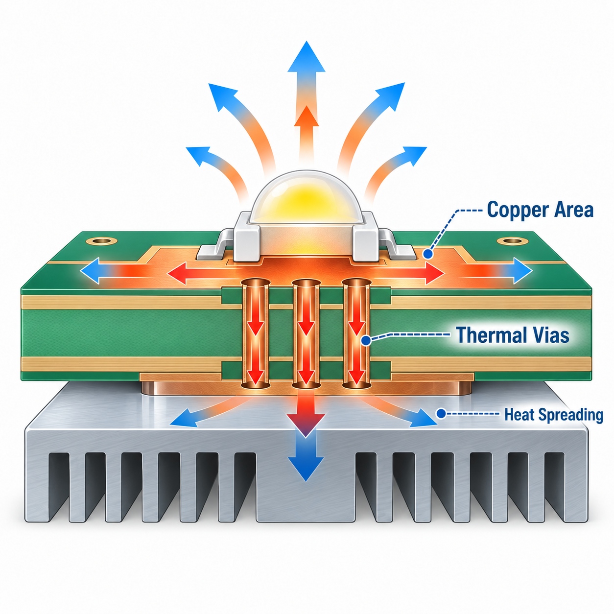 LED PCB thermal management showing copper area thermal vias and heat spreading paths