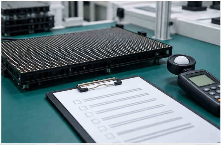 Incoming inspection bench with an LED display module, a checklist clipboard and a light measuring instrument on an anti-static mat