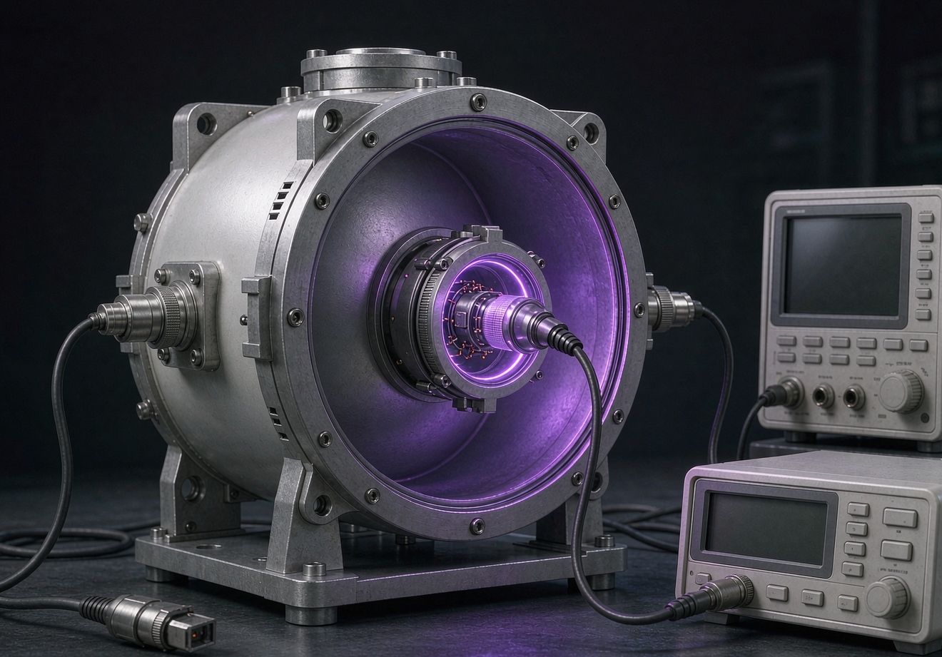 Integrating sphere test setup with a UV LED emitter mounted at the sphere port and connected to benchtop measurement instruments