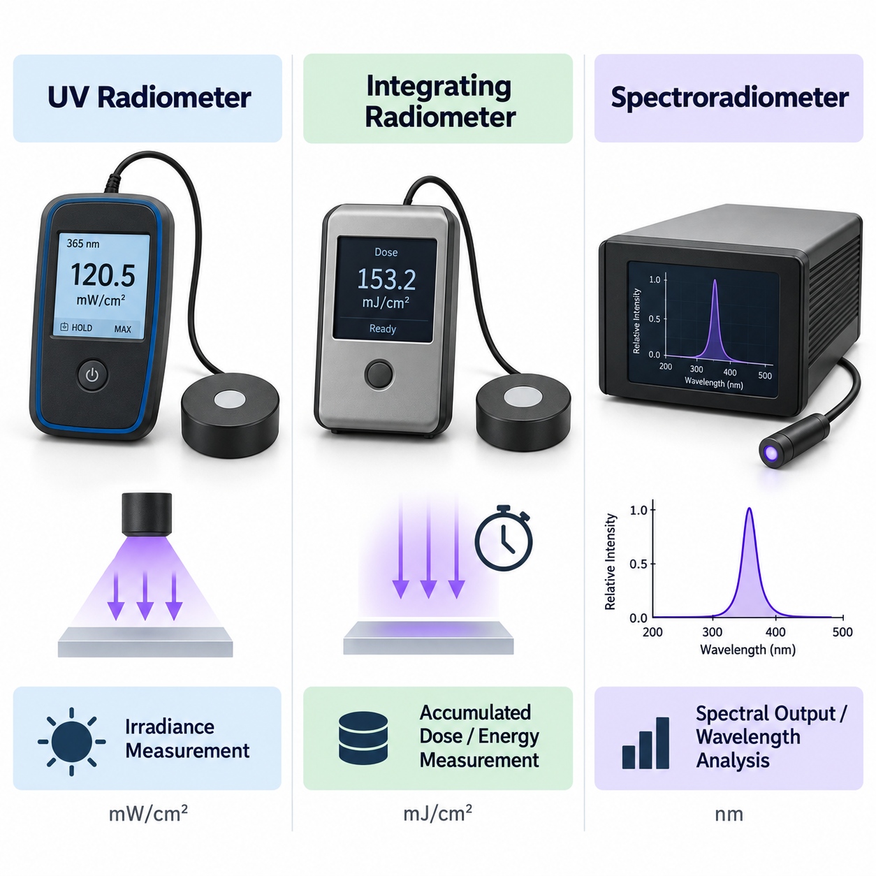 UV LED measurement instruments for irradiance dose and spectral output
