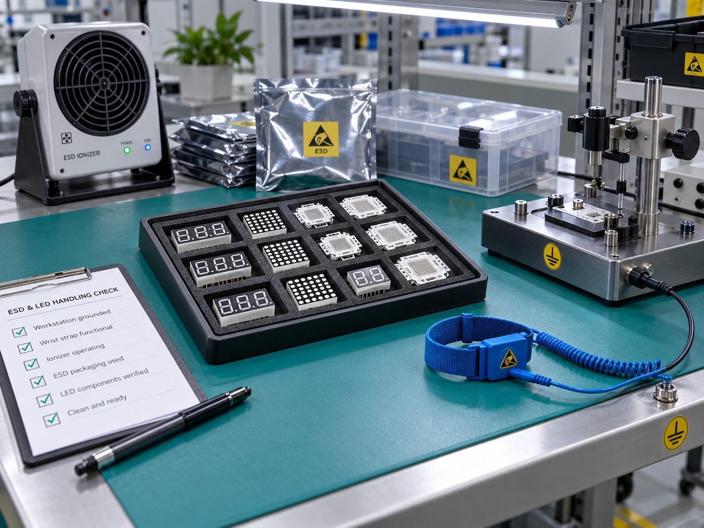 Grounded workstation used for handling surface mount LED emitters