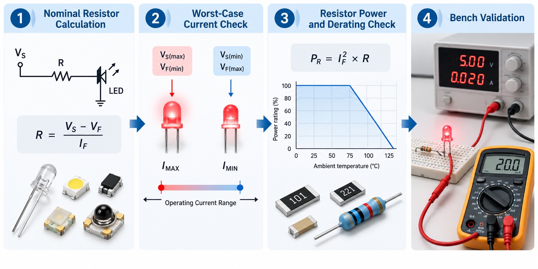 Four-step diagram from nominal resistor calculation to bench validation with derating