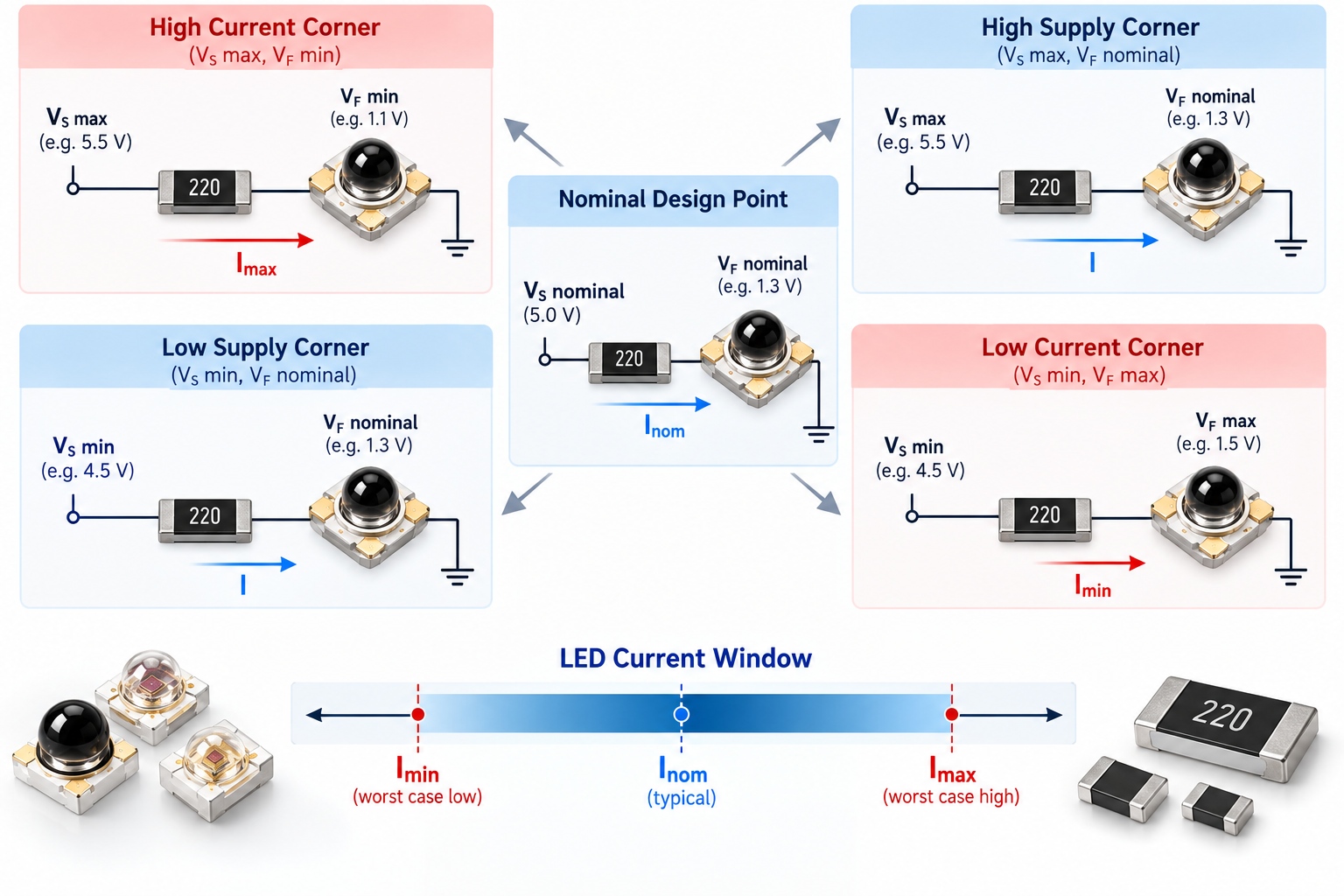 Tolerance-stack diagram mapping supply and forward-voltage corners to an LED current window