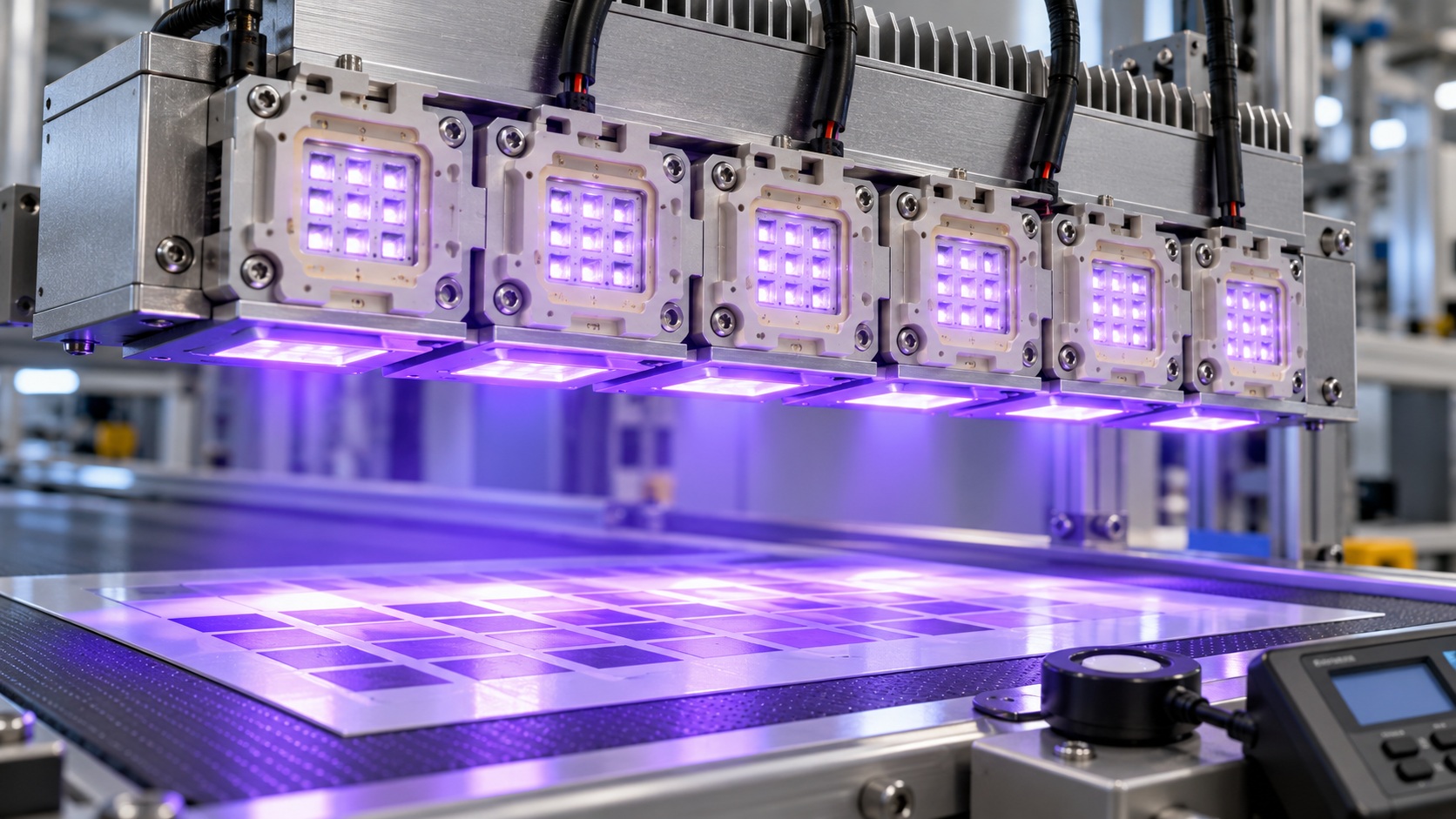 UV curing head over a conveyor with a radiometer mapping the exposure area