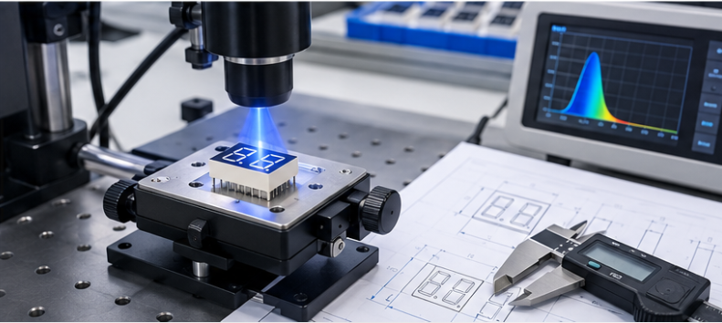 Inspection bench with a first article LED display measured against a printed drawing