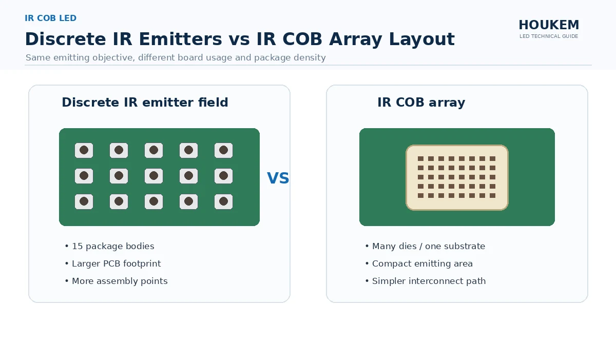 Discrete infrared emitters compared with a chip-on-board array of the same total emitting area