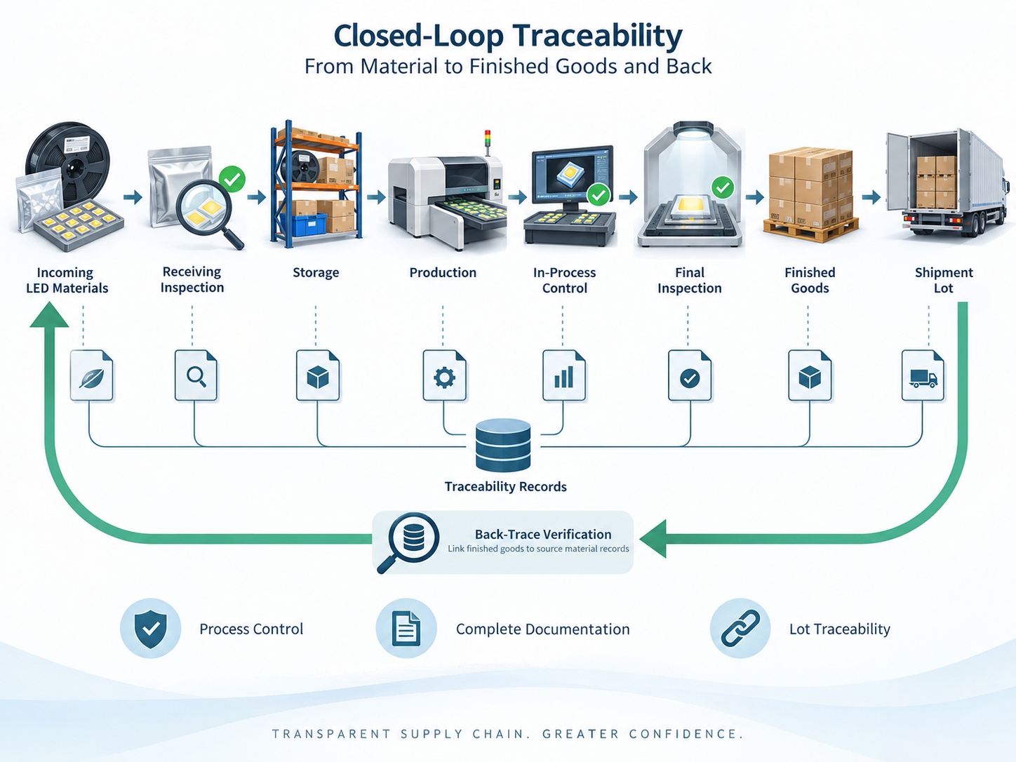 Concept diagram of a closed traceability loop from incoming material lot to finished goods and back