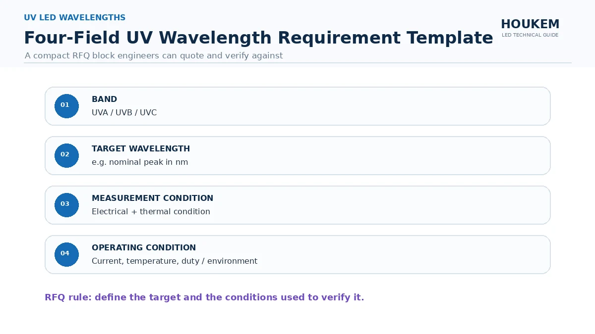 Template showing the four fields of a complete UV LED wavelength requirement