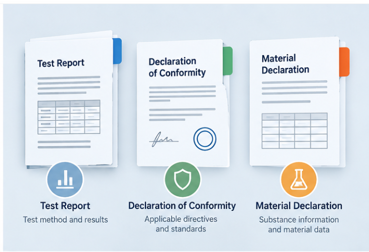 Three abstract document types side by side: a multi-page test report, a declaration sheet and a material declaration sheet, each drawn with colour-coded tabs