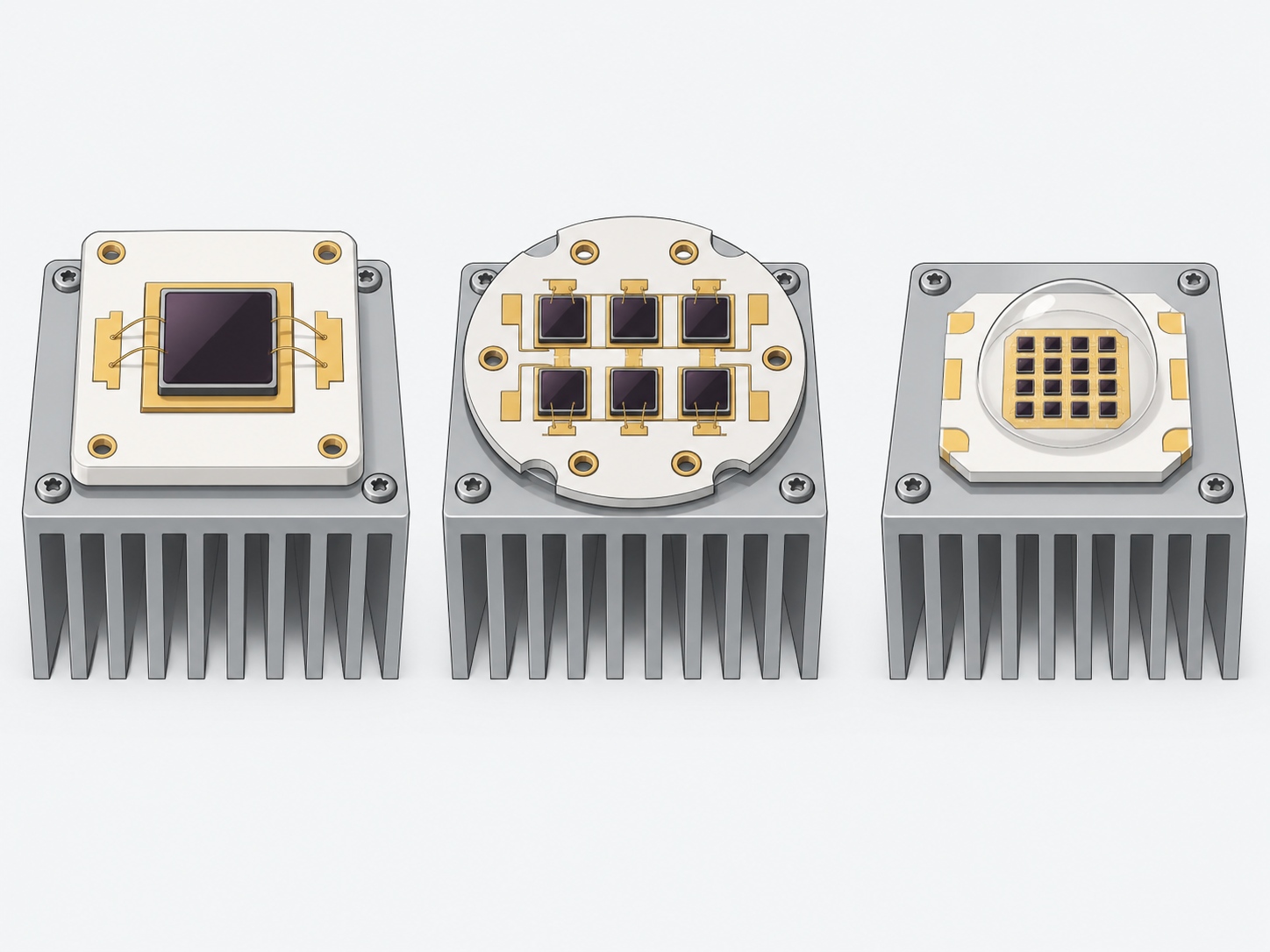 Three high power infrared LED package architectures side by side: a single die on a ceramic substrate, a multi-die array and a compact chip-on-board emitter, each on a heat sink