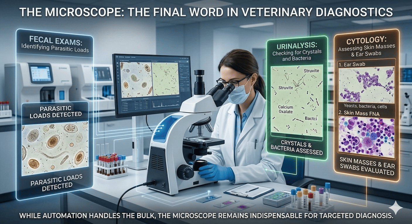A professional veterinary microscope setup showing its role in targeted diagnostics.