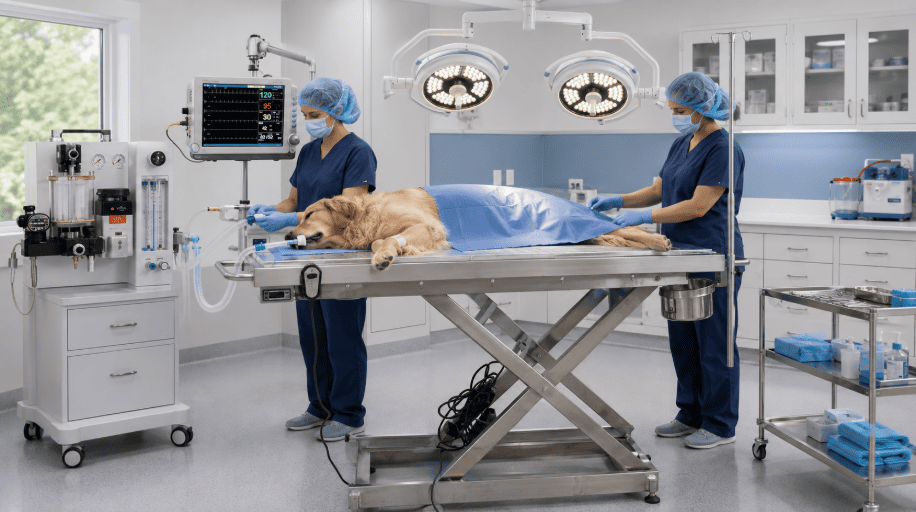 Veterinary surgery suite setup with an anesthesia machine, patient monitor, surgical lights, and table for a dog.