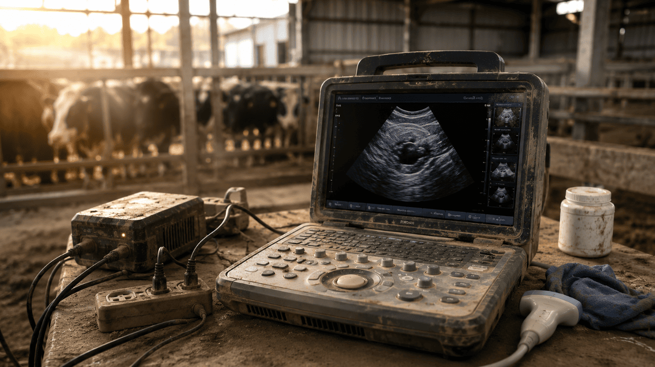 A dusty portable veterinary ultrasound machine displaying a scan on a table inside a livestock cattle farm building.