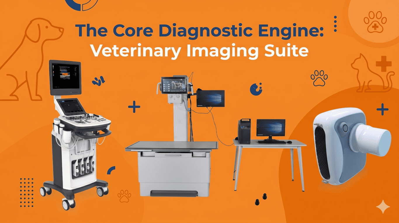 Complete veterinary equipment package featuring color Doppler ultrasound, DR X-ray system, and dental X-ray unit.