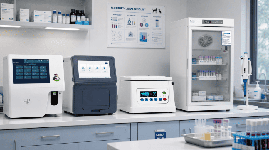 Veterinary lab equipment setup with a hematology analyzer, chemistry analyzer, centrifuge, refrigerator, and pipette.