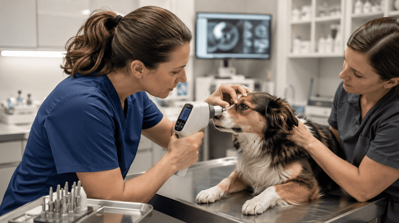 Using a digital veterinary tonometer to measure intraocular pressure for early canine glaucoma screening at a clinic.