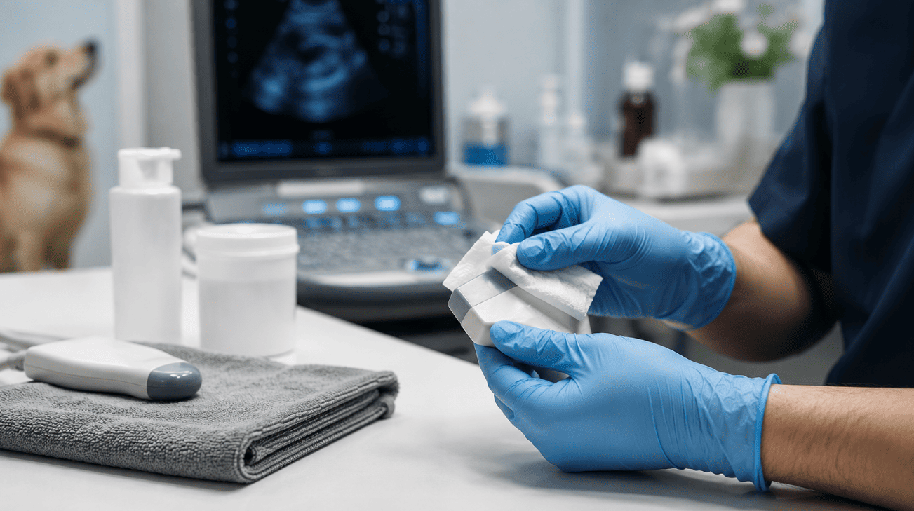 Veterinary technician wearing blue gloves cleans an ultrasound probe transducer with a lint-free cloth in a clinic.