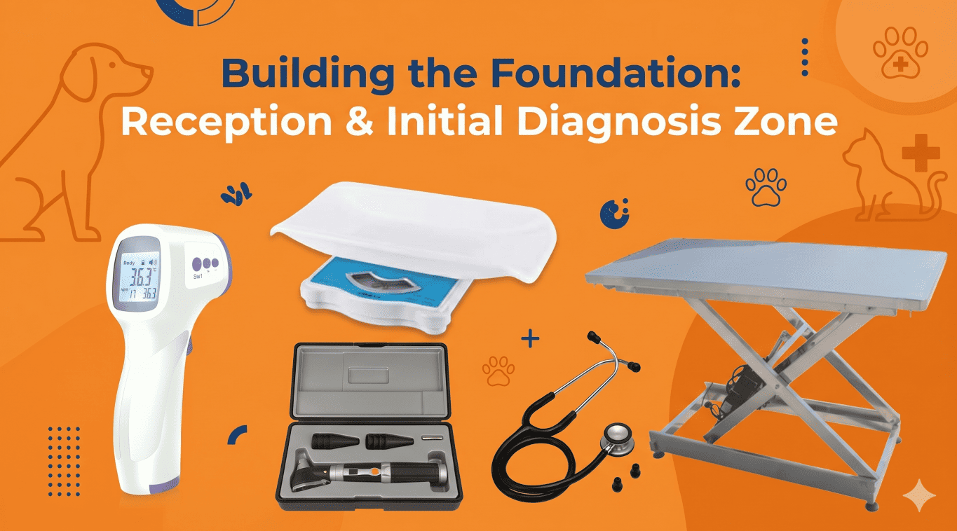 Essential veterinary clinic equipment list including exam table, pet scale, stethoscope, and digital thermometer.