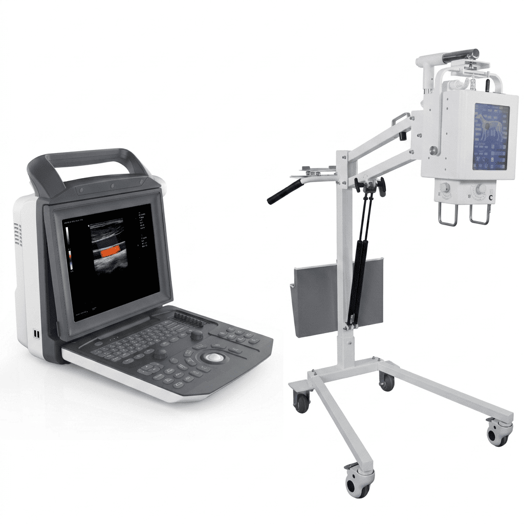 A portable veterinary laptop ultrasound and a mobile floor-mounted X-ray system for animal diagnostics.
