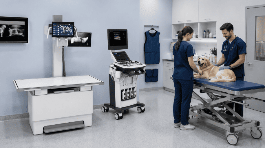 Veterinary diagnostic imaging setup showing a digital DR X-ray machine, ultrasound system, and exams on a dog.